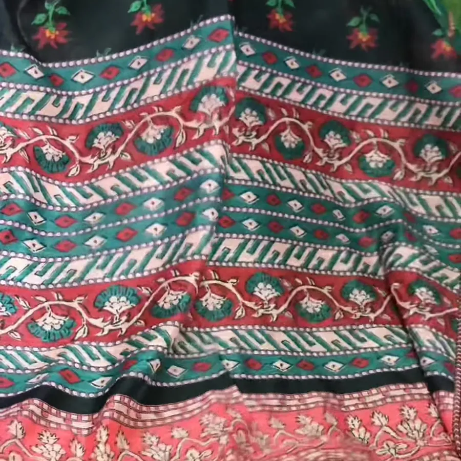 Printed fabric with red, teal and cream bands